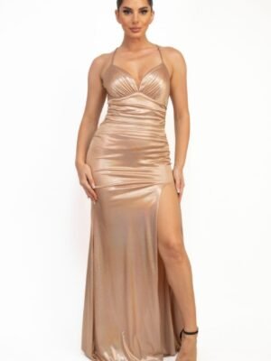 Ruched Side Slit Lace-up Maxi Dress
