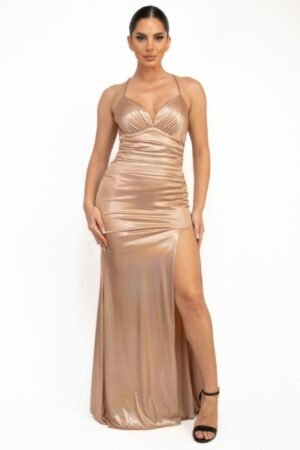 Ruched Side Slit Lace-up Maxi Dress