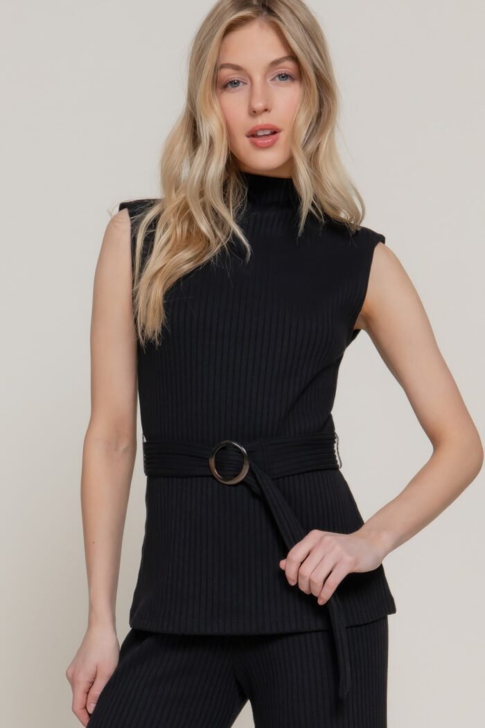 Sleeveless mock neck waist belt rib knit top