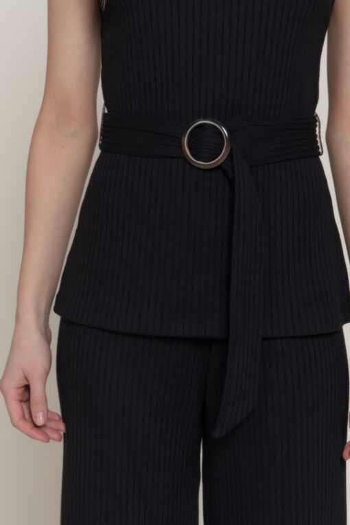 Sleeveless Mock Neck Waist Belt Rib Knit Top - Image 14