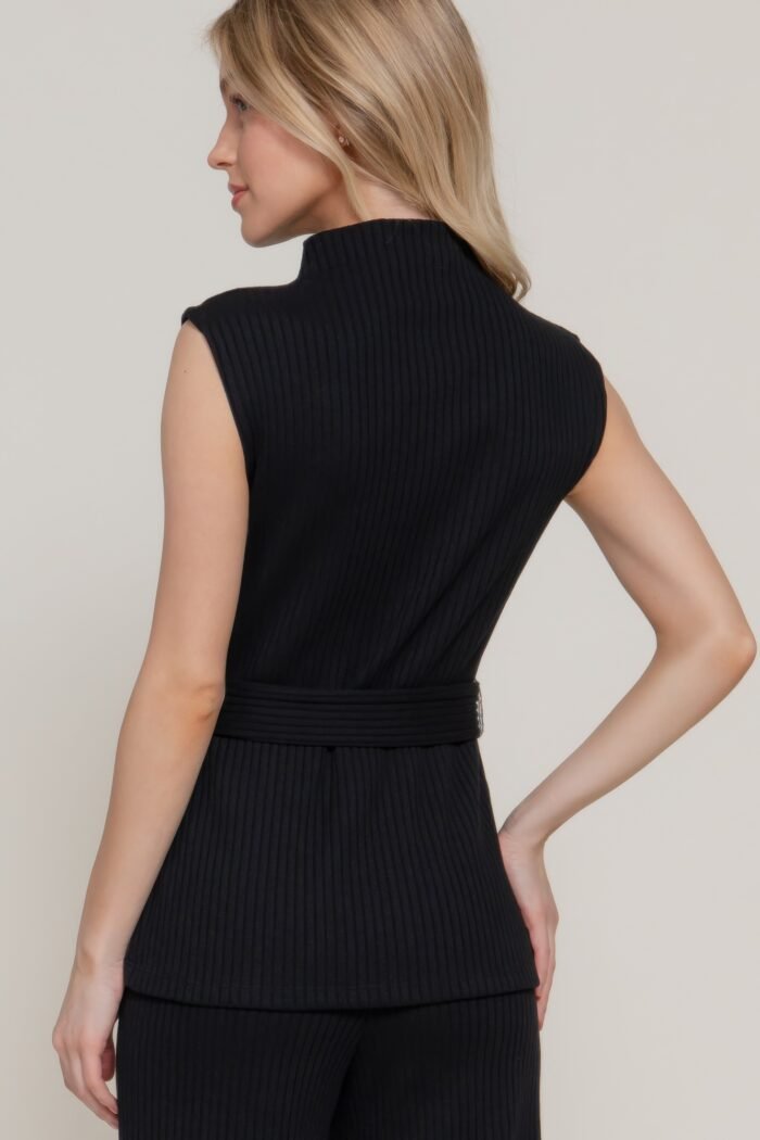 Sleeveless mock neck waist belt rib knit top