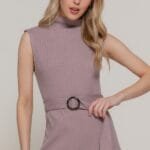 Sleeveless Mock Neck Waist Belt Rib Knit Top