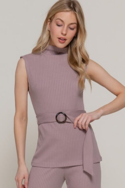 Sleeveless Mock Neck Waist Belt Rib Knit Top
