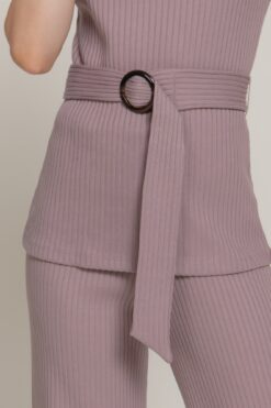 Sleeveless Mock Neck Waist Belt Rib Knit Top