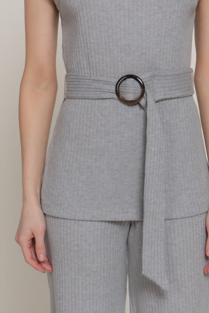 Sleeveless mock neck waist belt rib knit top
