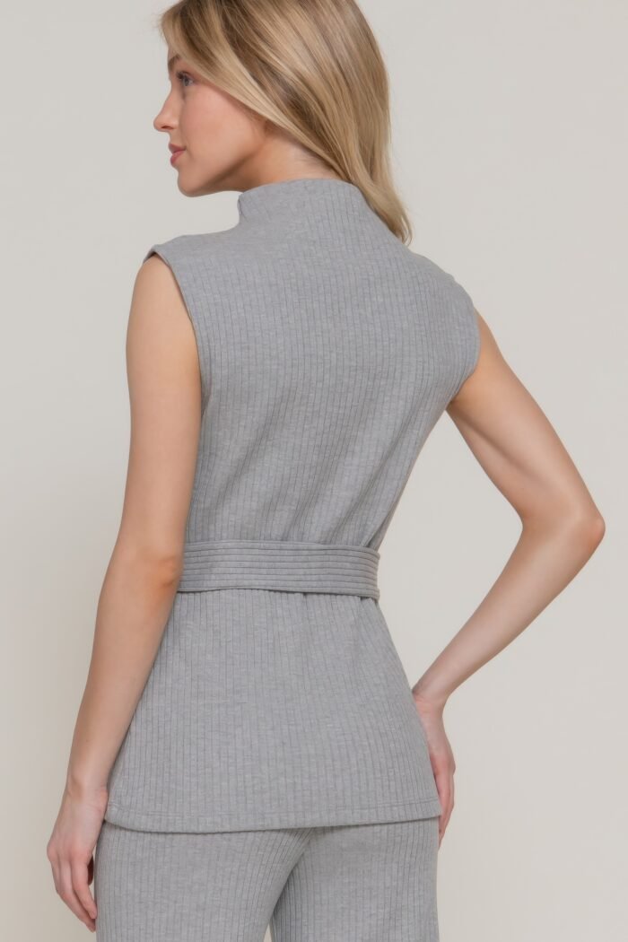 Sleeveless mock neck waist belt rib knit top