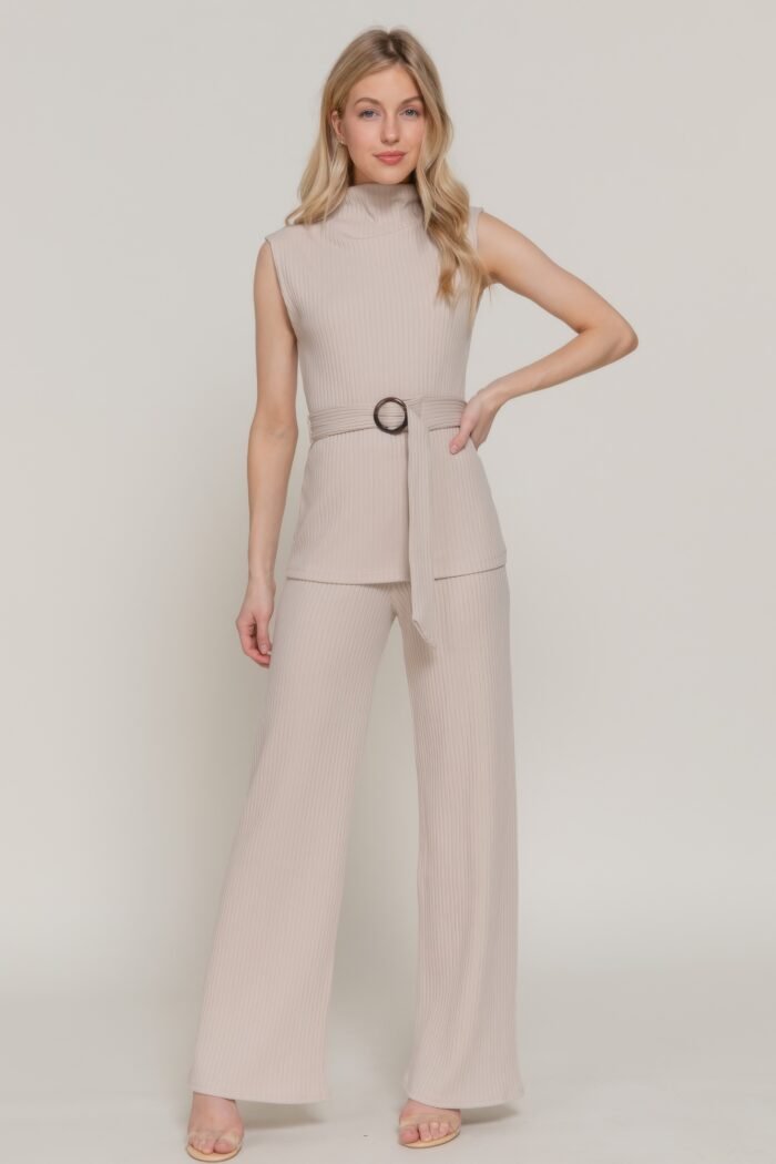 Inside elastic waistband wide rib knit pants