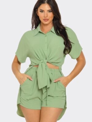 Front Tie Back Oversized Slit Top And Shorts Set