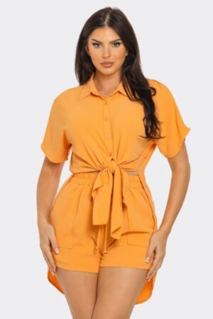 Front Tie Back Oversized Slit Top And Shorts Set Front Tie Back Oversized Slit Top And Shorts Set