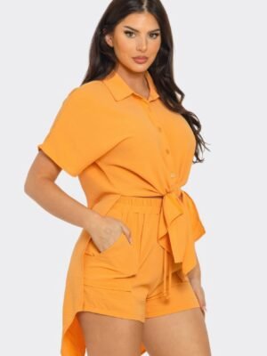 Front Tie Back Oversized Slit Top And Shorts Set