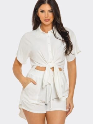 Front Tie Back Oversized Slit Top And Shorts Set