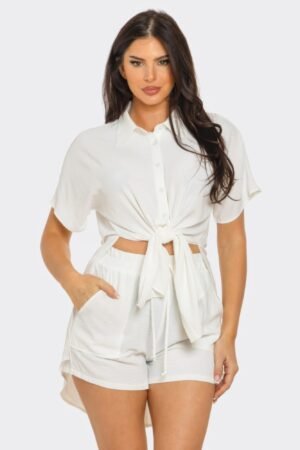 Front Tie Back Oversized Slit Top And Shorts Set Front Tie Back Oversized Slit Top And Shorts Set