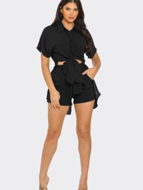 Front Tie Back Oversized Slit Top And Shorts Set