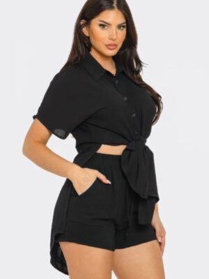 Front Tie Back Oversized Slit Top And Shorts Set