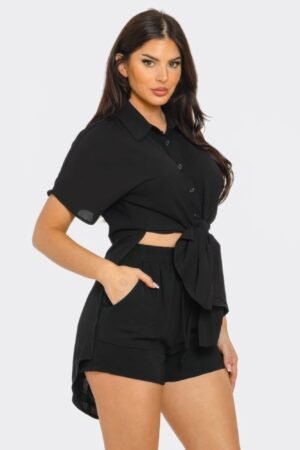 Front Tie Back Oversized Slit Top And Shorts Set Front Tie Back Oversized Slit Top And Shorts Set