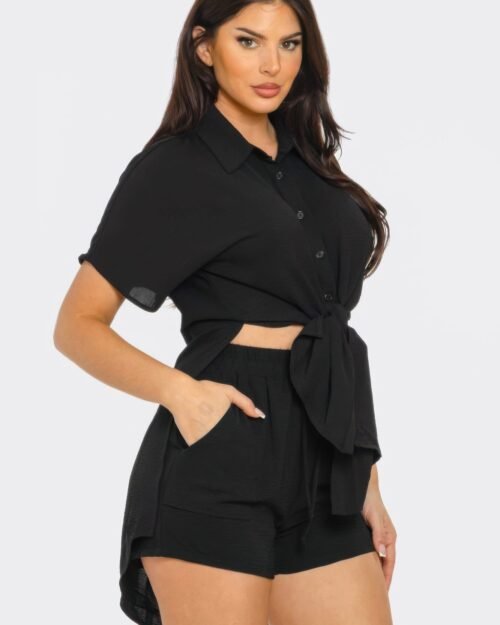 front tie back oversized slit top and shorts set