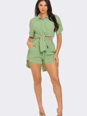 Front Tie Back Oversized Slit Top And Shorts Set