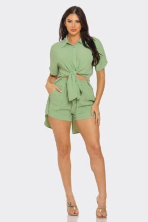 Front Tie Back Oversized Slit Top And Shorts Set Front Tie Back Oversized Slit Top And Shorts Set
