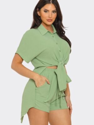 Front Tie Back Oversized Slit Top And Shorts Set
