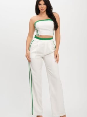 Stripe Tapping Contrast Elastic Band Toppants Set Stripe Tapping Contrast Elastic Band Toppants Set