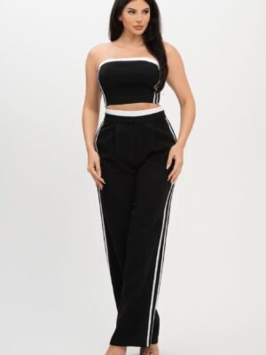 Stripe Tapping Contrast Elastic Band Toppants Set Stripe Tapping Contrast Elastic Band Toppants Set