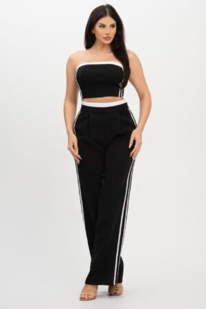 Stripe Tapping Contrast Elastic Band Toppants Set Stripe Tapping Contrast Elastic Band Toppants Set