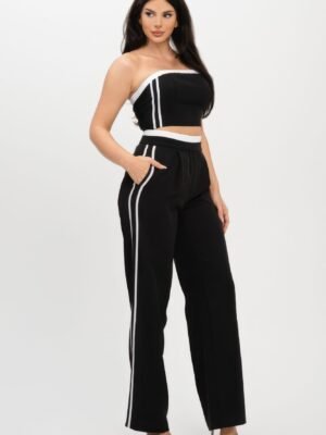 Stripe Tapping Contrast Elastic Band Toppants Set Stripe Tapping Contrast Elastic Band Toppants Set