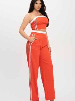 Stripe Tapping Contrast Elastic Band Toppants Set Stripe Tapping Contrast Elastic Band Toppants Set