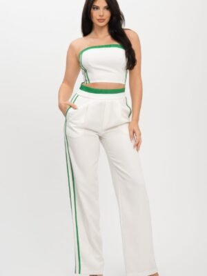 Stripe Tapping Contrast Elastic Band Toppants Set Stripe Tapping Contrast Elastic Band Toppants Set