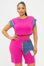 Color Block Denim Sleeve Top And Biker Shorts Set - Image 16
