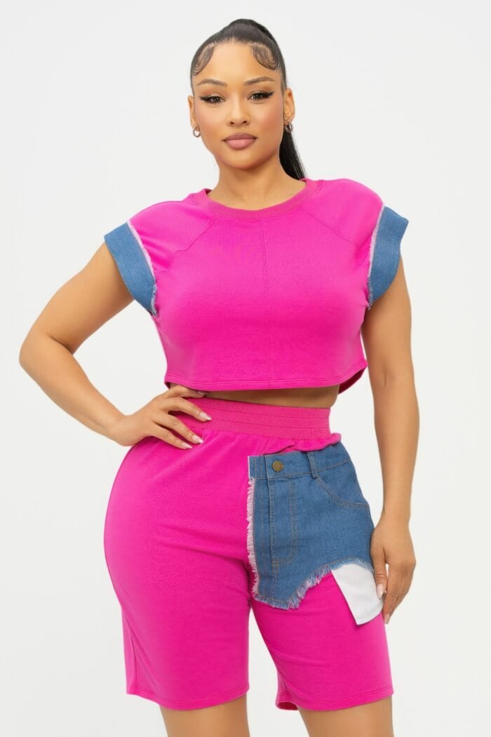 Color block denim sleeve top and biker shorts set - image 16