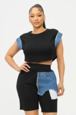 Color Block Denim Sleeve Top And Biker Shorts Set - Image 11