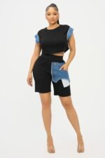 Color Block Denim Sleeve Top And Biker Shorts Set - Image 12