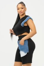 Color Block Denim Sleeve Top And Biker Shorts Set - Image 13