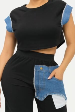 Color Block Denim Sleeve Top And Biker Shorts Set