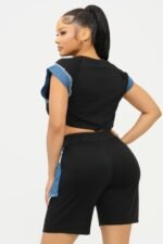 Color Block Denim Sleeve Top And Biker Shorts Set - Image 15