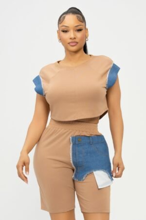 Color Block Denim Sleeve Top And Biker Shorts Set