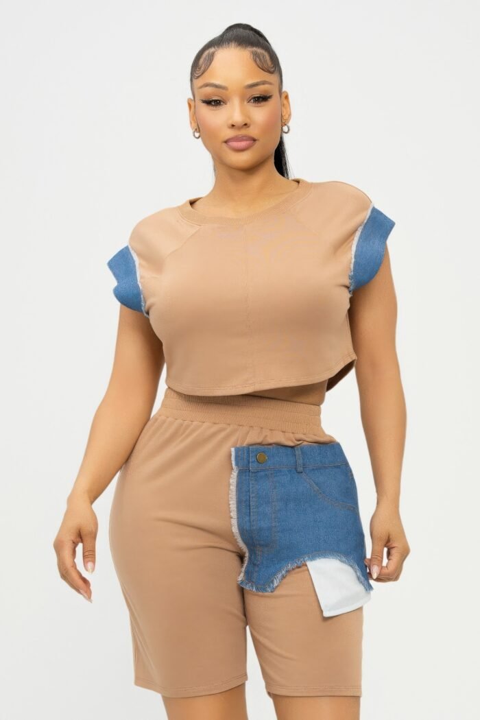 Color block denim sleeve top and biker shorts set - image 6