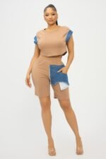 Color Block Denim Sleeve Top And Biker Shorts Set - Image 7