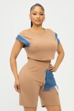 Color Block Denim Sleeve Top And Biker Shorts Set - Image 8
