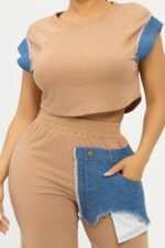 Color Block Denim Sleeve Top And Biker Shorts Set - Image 10