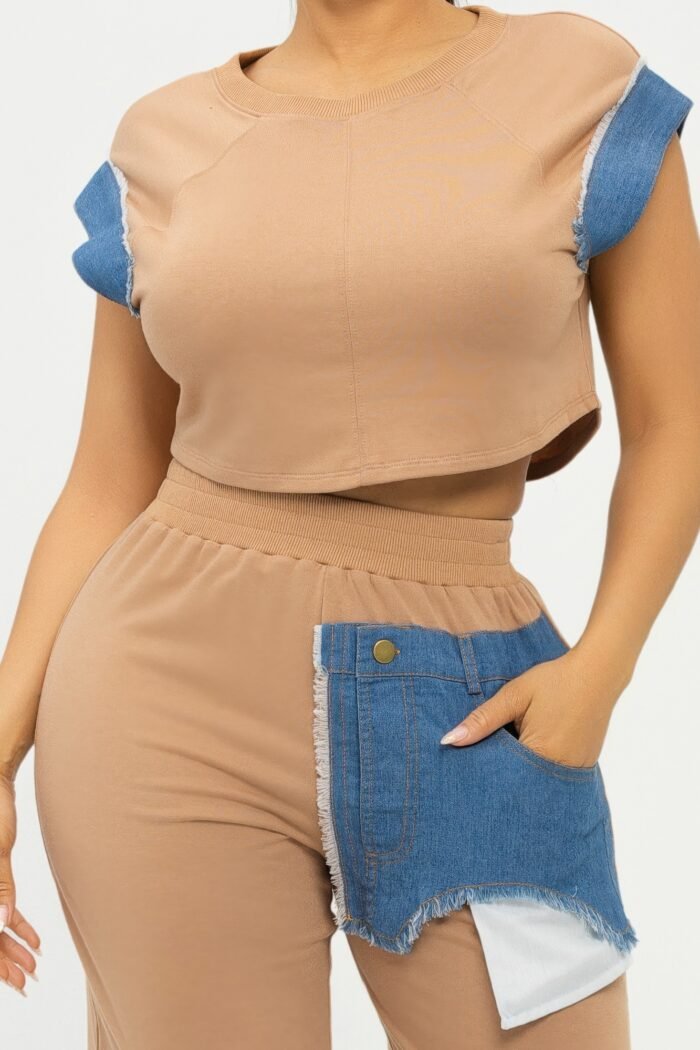Color block denim sleeve top and biker shorts set - image 10