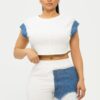 Color Block Denim Sleeve Top And Biker Shorts Set