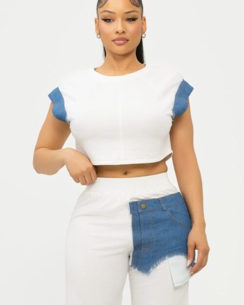 Color Block Denim Sleeve Top And Biker Shorts Set