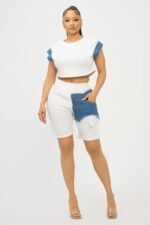 Color Block Denim Sleeve Top And Biker Shorts Set - Image 2