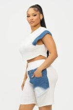 Color Block Denim Sleeve Top And Biker Shorts Set - Image 3