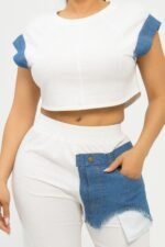 Color Block Denim Sleeve Top And Biker Shorts Set - Image 4