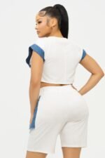 Color Block Denim Sleeve Top And Biker Shorts Set - Image 5