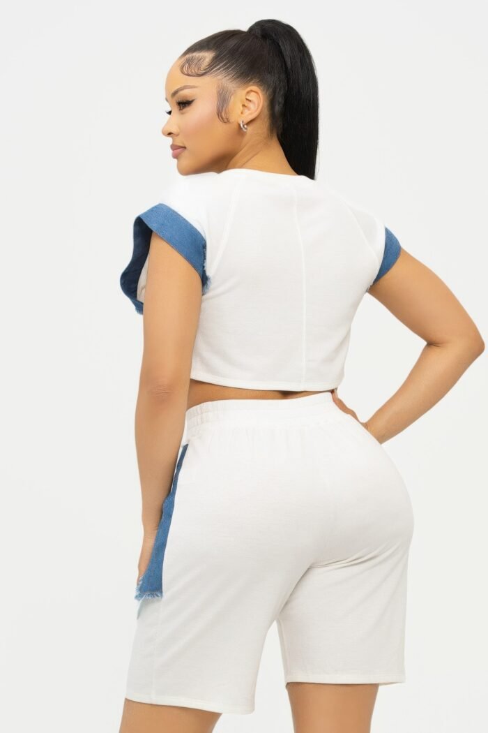 Color block denim sleeve top and biker shorts set - image 5
