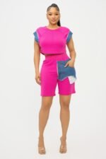 Color Block Denim Sleeve Top And Biker Shorts Set - Image 17